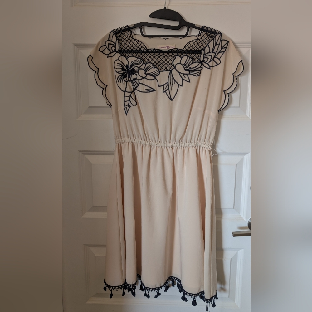 Altar'd State Cream Dress with Navy Lace Overlay